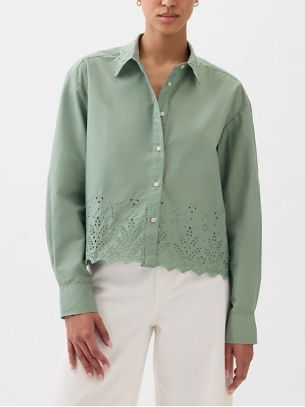 GAP 100% Cotton Eyelet Cropped Shirt Sage Size M